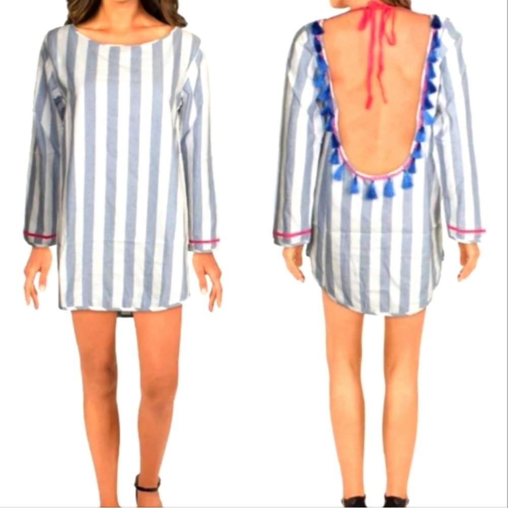 Soleil striped cotton open back mini beach dress cover up tassel trim white blue - Picture 2 of 10